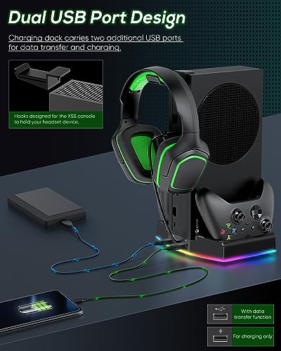 Image of Cooling Stand & Charging Station for Xbox Series S with RGB Light Strip,Dual Charger of Controllers and Cooler Fan for XSS Console Accessories with 2*1400mAH Rechargeable Battery Pack,1*Headphone Hook