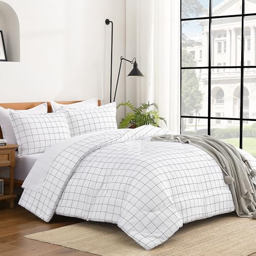 Image of Andency King Size Comforter Set White Gingham, Plaid Grid Checkered Bedding Comforter Set for King Size Bed, 3 Pieces Lightweight Reversible Modern Geometric Bedding Set(104x90 Inch)