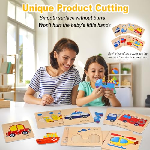 Image of Wooden Puzzles for Toddlers 1-3, Toddler Puzzles Ages 2-4 | Montessori Toys for 1-3+ Year Old Learning Educational Preschool Toys for Boys Girls (Vehicle Theme)