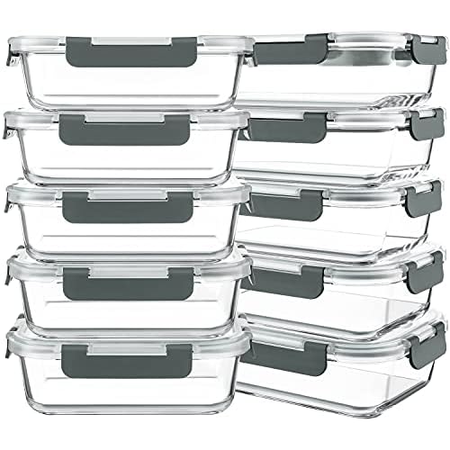KOMUEE 10 Packs 30 oz Glass Meal Prep Containers,Glass Food Storage Containers with Lids,Airtight Lunch Bento Boxes,Microwave,Freezer and Dishwasher,Gray
