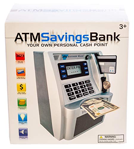 ATM Toy Savings Bank with Motorized Bill Feeder, Coin Reader and Balance Calculator (Black/Silver)