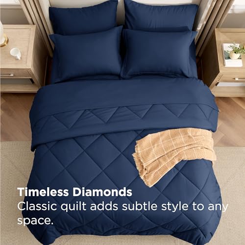 Image of Bedsure 7 Pieces Queen Comforter Set Premium Series, Hotel Luxury Soft Bed in a Bag, Goose Down Alternative, Safe for Sensitive Skin Bedding Comforter All Season Medium Warmth, Navy Blue Queen Size