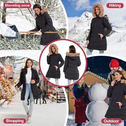 QTREE Women's Heated Jacket with Faux Fur Hood and Dual 12000mAh Batteries