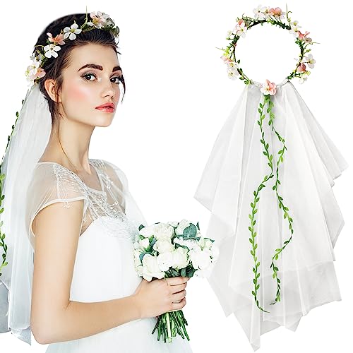 BOFUNX Couronne de Cheveux Fleur avec Voile Bandeaux Cheveux Bandeaux Floral Serre-tête de Fleur Femme Fille pour Mariage Fête (Jaune)