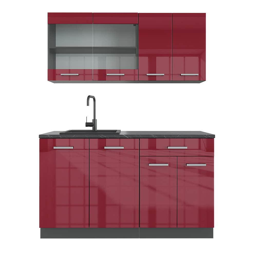 Vicco Cucina completa R-​Line, Rosso lucido, 140 cm senza piano di lavoro, adatto per l'espansione flessibile con moduli aggiuntivi