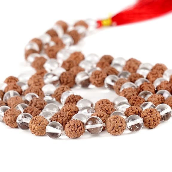Image of Arihant Gems and Jewels Sphatik /Crystal Jaap Mala for Pooja (54+1 Beads) | Natural & Certified | Astrological Beads with Positive Effect | Unisex Both for Men & Women (Sphatik and Rudraksha Mala)