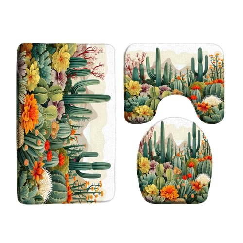Cactus 3 Pcs Bath Rugs Set,Tropical Succulent Plant Desert Cacti Boho Floral Botanical Mountain Modern Bathroom Kitchen Rug with 16