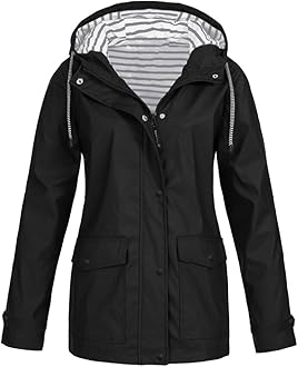 Cocila Womens Long Waterproof Jacket Hooded Women Rain Raincoat Solid Hooded Jacket Windproof Outdoor Coat Plus Women's Coat Womens Fleece Zip up Jacket