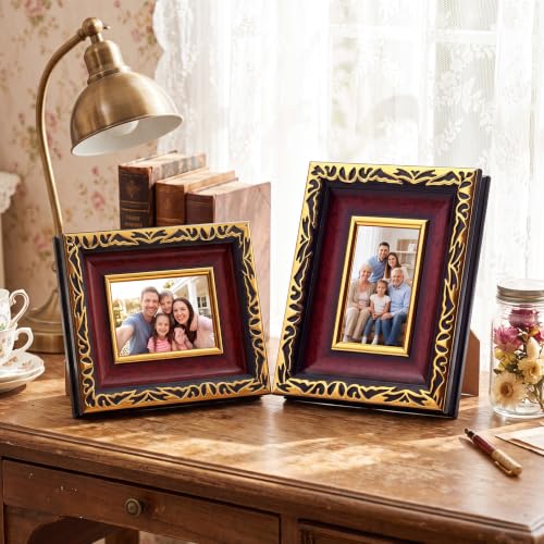 Image of 12 Pack 2 x 3 Inch Mahogany Gold Small Picture Frames Bulk | Vintage Resin Mini Antique Ornate Retro Baroque Photo Frames for Wall Hanging Tabletop Home Decor Wedding Christmas Display