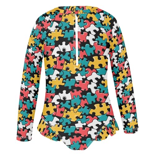 Jigsaw Puzzle Girls Long Sleeve Rashguard Swimsuit UV Protection One-Piece Swimwear Bathing Suit B04035562