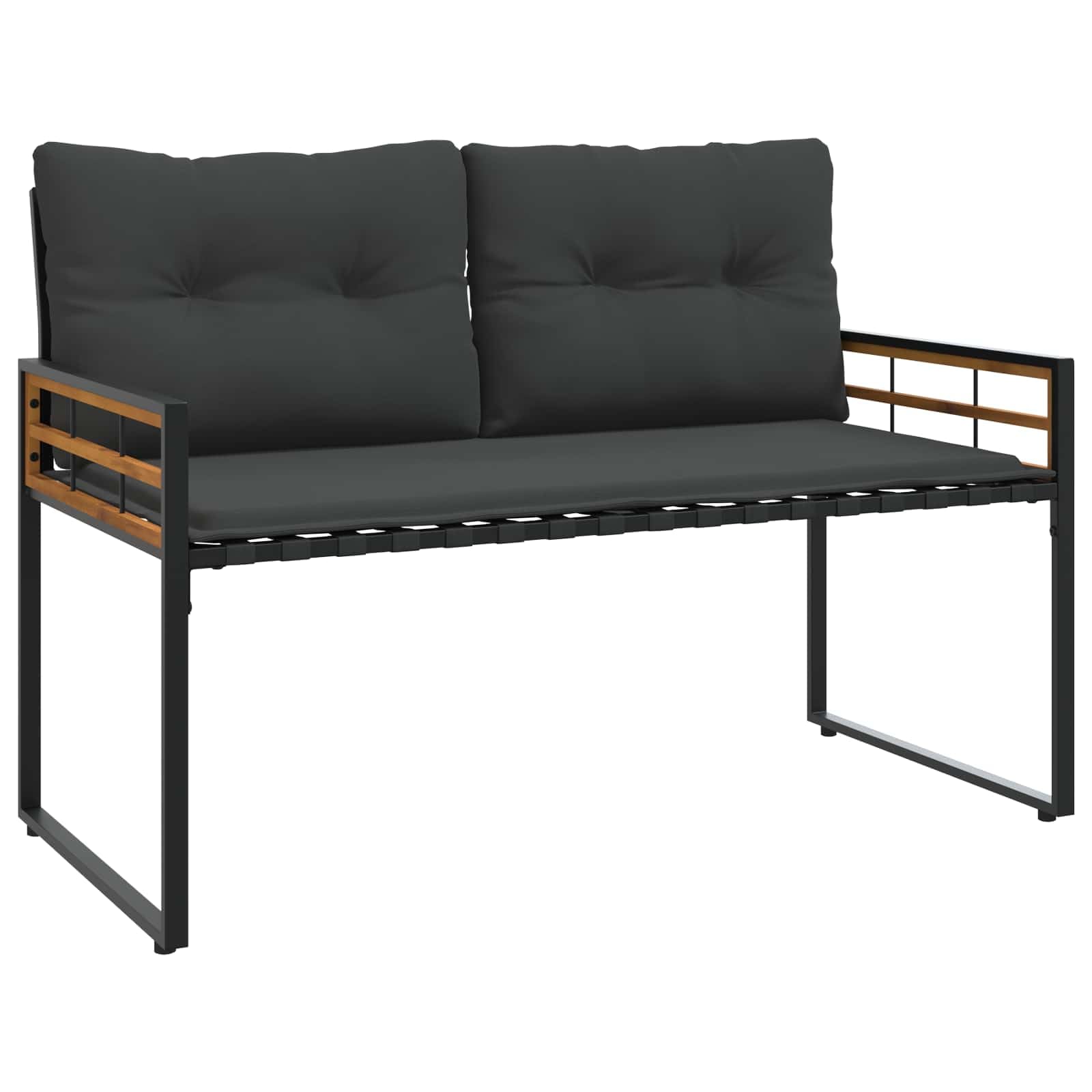 Banco de madera con cojín, color gris pálido, 114 x 55 x 77 cm, banco para balcón y jardín de madera maciza de acacia y acero con recubrimiento en polvo, con patas ajustables