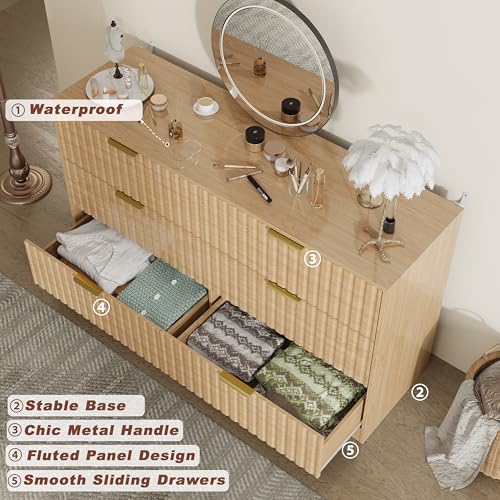 Image of Fluted 6 Drawer Dresser for Bedroom, 55 inch Wide Modern Wooden Chest of Drawers with Metal Handles, TV Stand & Closet Storage Organizer for Living Room,Hallway, Natural Wood