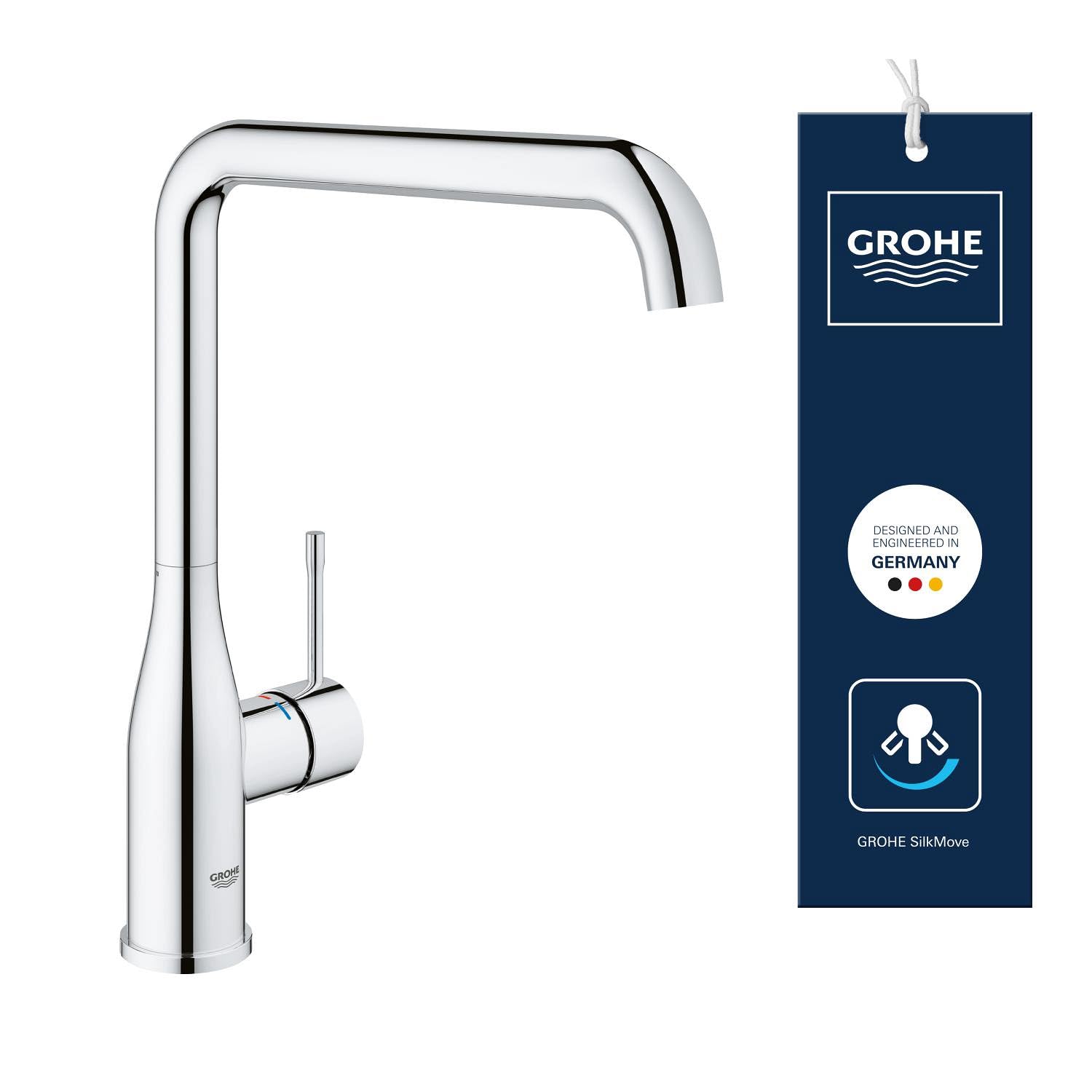GROHE Essence - Grifo de cocina con ducha extraíble (Monomando giratorio 360°, ahorro de agua con limitador de caudal ajustable, fácil instalación en fregadero), cromo, 30269000