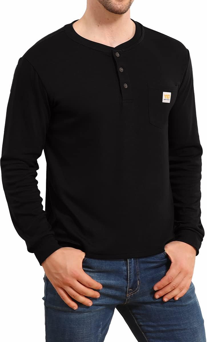 YTD Men's Loose Fit Heavyweight Long Sleeve Pocket Henley T-Shirt Medium 01 Long Sleeve Black