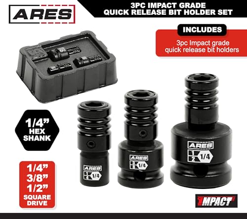 Image of ARES 22035 - 3-Piece Impact Grade Quick Release Bit Holder Set - 1 /4-Inch, 3 /8-Inch, and 1 /2-Inch Drive - Compatible With 1 /4-Inch Hex Shank Bits - Quick Release Mechanism for Rapid Attach and Release