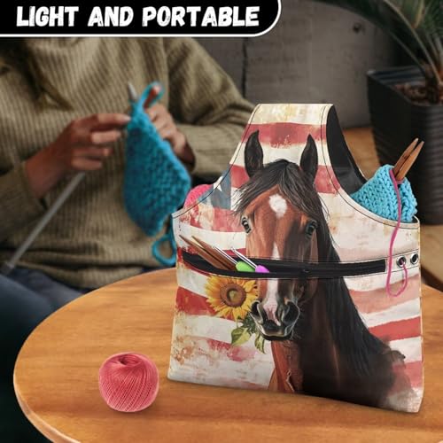 Image of ZUXONGSY American Flag Knitting Bag Organizer for America250 Horse Knitting Crochet Tote Bag July 4th 2026 Lightweight Sunflower Yarn Tote Handbags for Crocheting