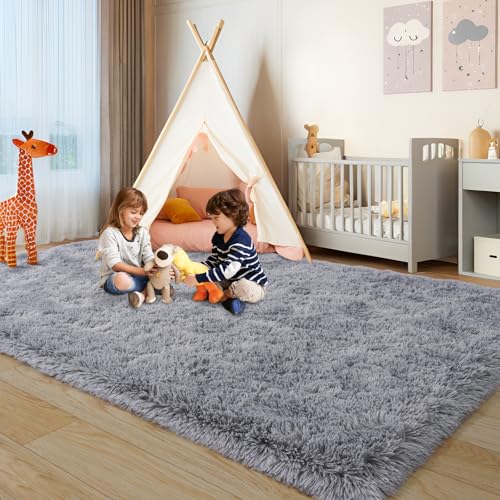 KING DARE Grey Fluffy Rug 5x7, Washable Plush Fuzzy Shaggy Non-Slip Soft Carpet for Bedroom Living Room Dorm Playroom Kids Room, Modern Home Decor Aesthetic