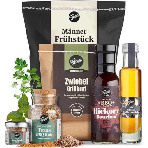 Gepp’s Feinkost Männerfrühstück Wundertüte I Geschenkidee für Männer mit Bio Grill- und BBQ Sauce, Whiskey, Texas Super Rub, Black Lava Salz & Grillbrot I...