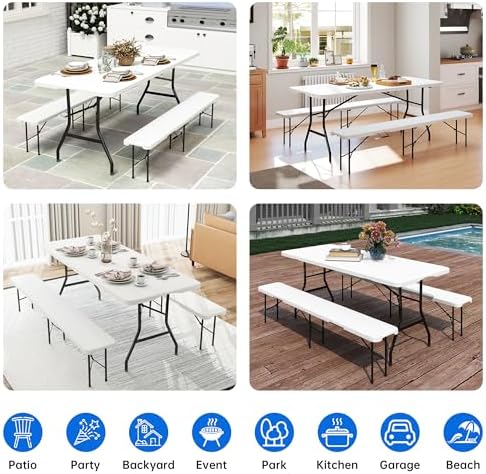6 FT White Picnic Folding Table Set with 2 Benches, Portable Patio Dining Sets for Backyard, Lawn, Event, Party, Camping — view 7