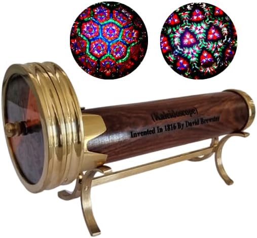 Premium Wood and Brass Kaleidoscope with Brass Stand – Dual-Wheel Handcrafted Optical Instrument | Decorative Collectible & Gift for Adults