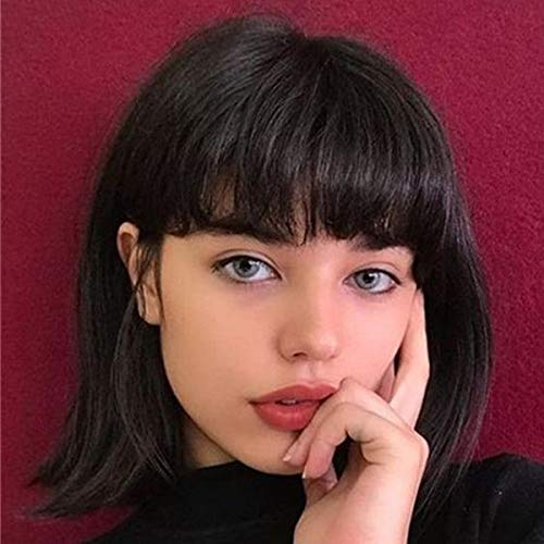 Creamily 8 Inch Short Black Bob Wig with Flat Bangs Synthetic Straight Bob Hair Shoulder Length Cosplay Costume Full Replacement Wig