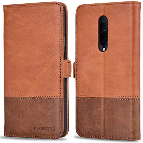 Oneplus 7 Pro Case, KEZiHOME Oneplus 7 Pro Wallet Case, [RFID Blocking] Genuine Leather Wallet Flip Folio Case Cover with Card Slot, Stand Holder, Magnetic Closure for Oneplus 7 Pro 2019 (Khaki/Brown)
