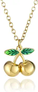 Elegant 18K Gold Cherry Pendant Necklace with Green Enamel Leaves Fashion Statement Accessories