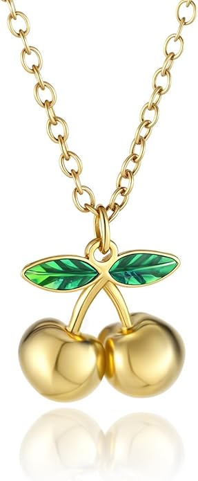 Elegant 18K Gold Cherry Pendant Necklace with Green Enamel Leaves Fashion Statement Accessories