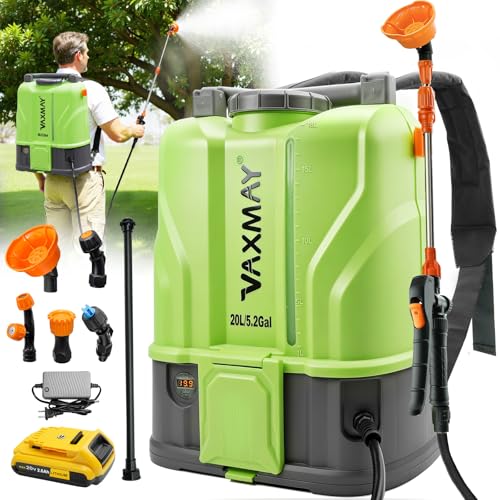 VAXMAY Battery Powered Backpack Sprayer 5.2 Gallon 120 PSI Electric Garden Sprayer Compatible with DeWalt 20V Battery Weed Yard Sprayer with 2 Wands 5 Nozzles 2.6 Ah Battery & Charger Included