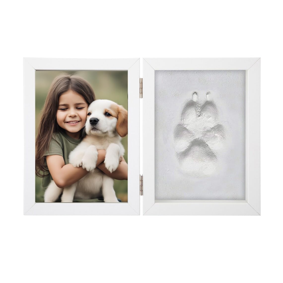 BABIES BLOOM Dog or Cat Paw Print with Photo Frame, Pet Paw Print Impression Kit, Dog or Cat Clay Pawprint Keepsake Wooden Photo Frame (Double Fold) (White)