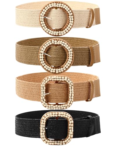 Image of WILLBOND 4 Pcs Women's Elastic Raffia Woven Belt, Boho Rattan Buckle Stretch Straw Wide Waist Belt for Dresses Jeans Pants