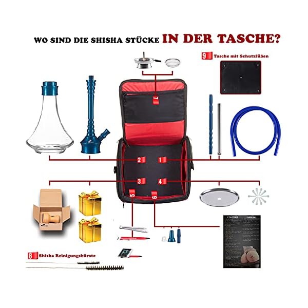 SHIBY® Shisha Set mit Tasche, Premium Hookah 68 cm x2 Shisha Kopf, Edelstahl Tauchrohr & Diffusor Aufsatz, Kaminkopf… – Bild 4