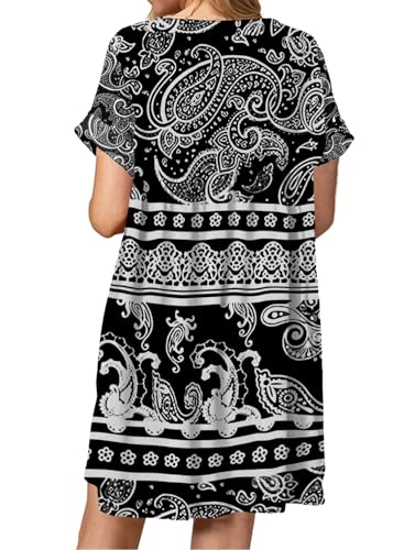 Image of Jayscreate Women's Baby Doll Dress Summer Casual Tunic Pleated Flowy Swing Short Sleeve Black V Neck Mini Dress
