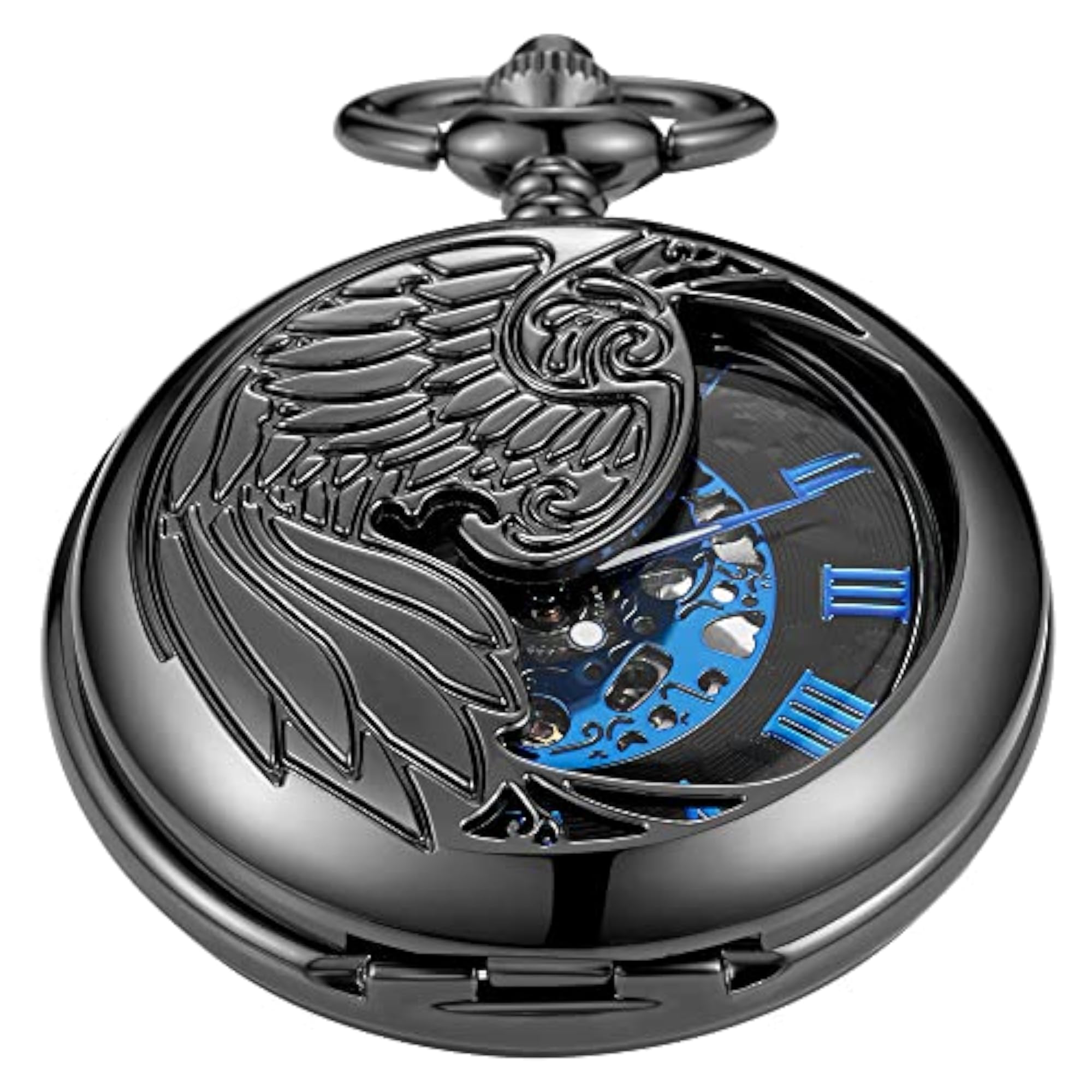 Men's Black Mechanical Pocket Watch with Chain, Birthday Gift
