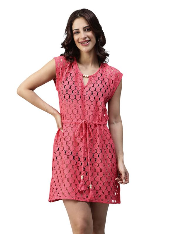 Women Cotton Beach Wear Beachwear Kaftan | Relaxed Fit Schiffly Schiffly V-Neck |Above Knee Flared Beachwear Kaftan For Women |Pink-image-14