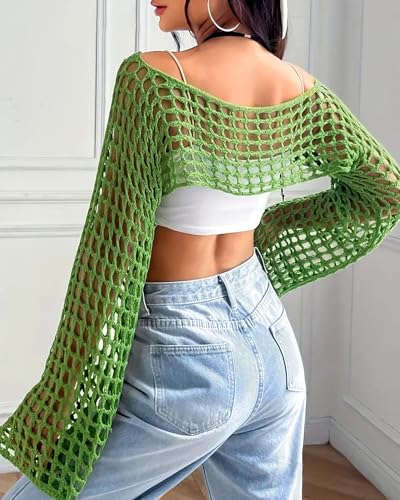 Image of Womens Crochet Crop Tops Y2k Knit Shrug Sweater Hollow Out Long Sleeve Bikini See Through Cover Ups