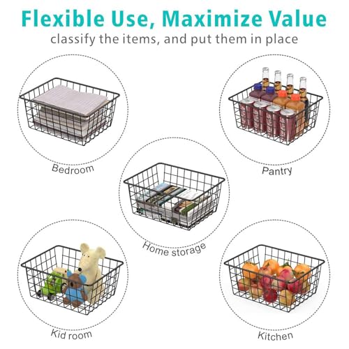 Image of Wire Storage Basket for Kitchen & Pantry | Multipurpose Metal Organizer Bin for Fruits, Vegetables, Snacks, Bathroom & Closet Storage | Black Iron Mesh Basket (Pack of 1)