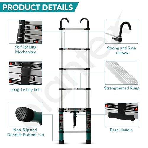 Image of Plantex 2m (6.5 ft.) Aluminium Telescopic Ladder /7-Steps Portable Ladder with Removable Hooks /Foldable Multipurpose Collapsible Ladder for Home & Outdoor Use /2 Years of Warranty - (Green)