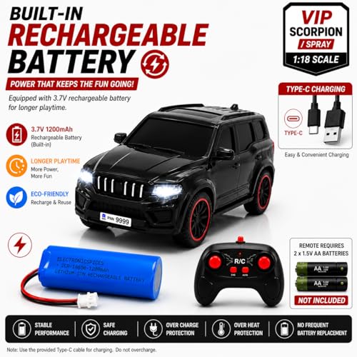 Image of The Flyers Bay 1:18 Scale Scorpio-Style Remote Control SUV Car for Kids | 2.4GHz Long Range Remote, Spray Mist Effect, Police Lights & Siren, Rechargeable Battery (Black)