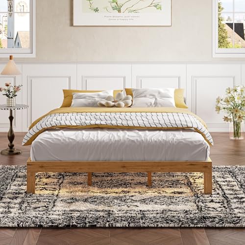 Bishilin Bed Frames Rustic, Queen Bed Platform Natural Wood Brown