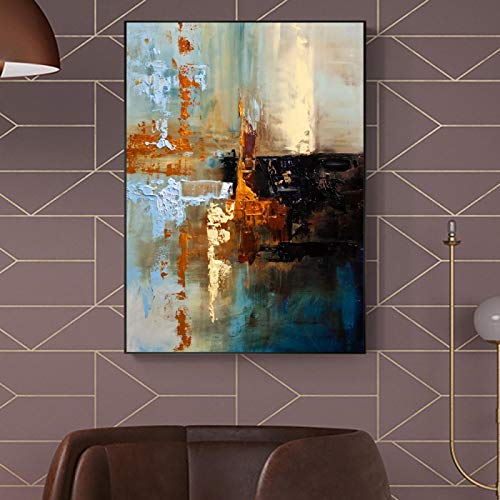 Toile abstraite moderne bleue et dorée 60x80cm, impression haute définition