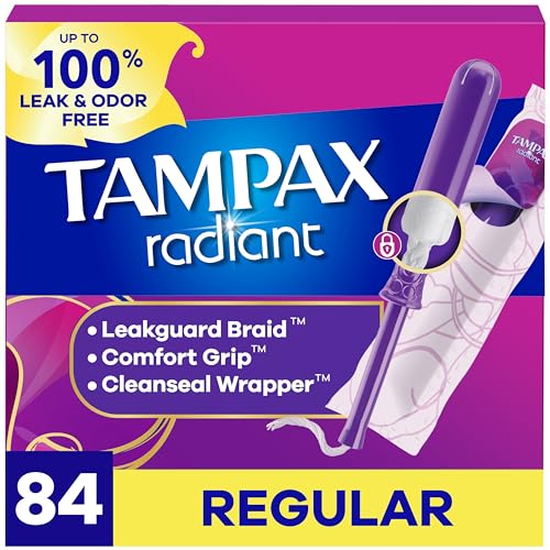 Tampax Radiant Tampons for Women, with LeakGuard Braid, Regular Absorbency, Unscented, 84 Count (3 Packs of 28), Packaging May Vary