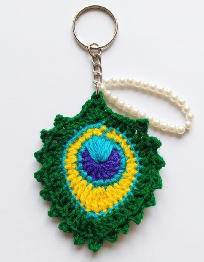 Yuva Crochet Peacock Feather Keychain with Pearl Accent, Boho Woven Bag Charm, Car Key Ring, Backpack Accessory, Gift for Women-image-9