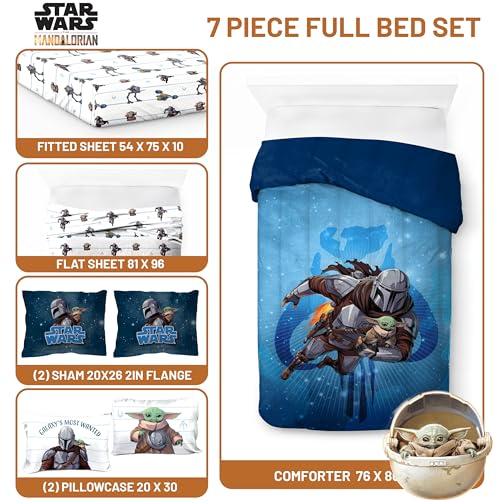 Image of Jay Franco Kids Bed Set, Blue, The Mandalorian, 7 Piece Full | Cozy Soft Bedding for Stylish Room Decor with Comforter, Sheets & Pillow Covers
