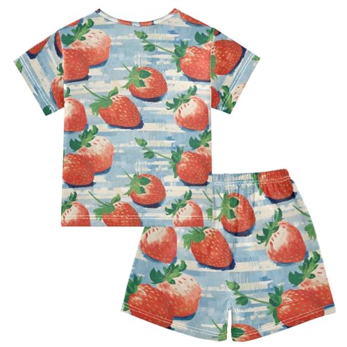 ALAZA Strawberries Blue Stripes Pajama Set Short Sleeve Sleepwear Soft Lounge Nightwear2