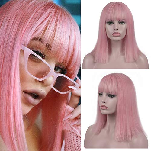 Sidaila Short Wig Pink Bob Wigs for Women Middle Part Straight Wig Heat Resistant Synthetic Wigs Middle Part Cosplay Costume Wig with Free Wig Cap (Pink)