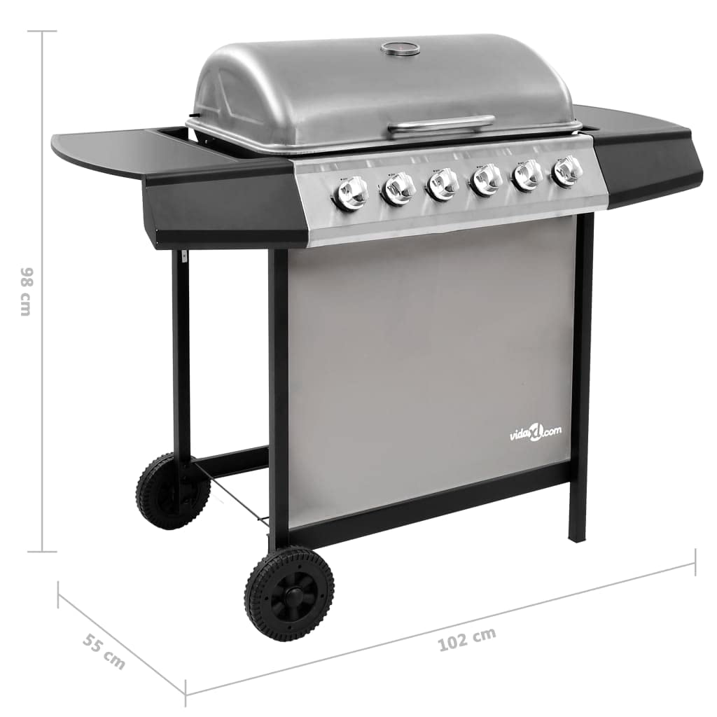vidaXL Barbecue à gaz avec 6 brûleurs, élégant et fonctionnel, roulettes robustes pour jardin, cuisine en plein air, barbecue noir et argent