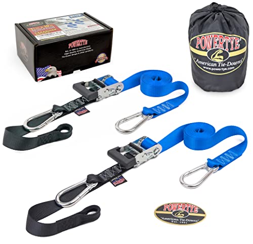 Image of PowerTye 1.5 inch x 10ft Extra Long Ratchet Tie Down Straps, Heavy Duty with Carabiner Hooks, Soft-Tye & Bag, for Motorcycle, ATV & Cargo - 1,000 lb WLL - Made in USA - Blue /Black Pair
