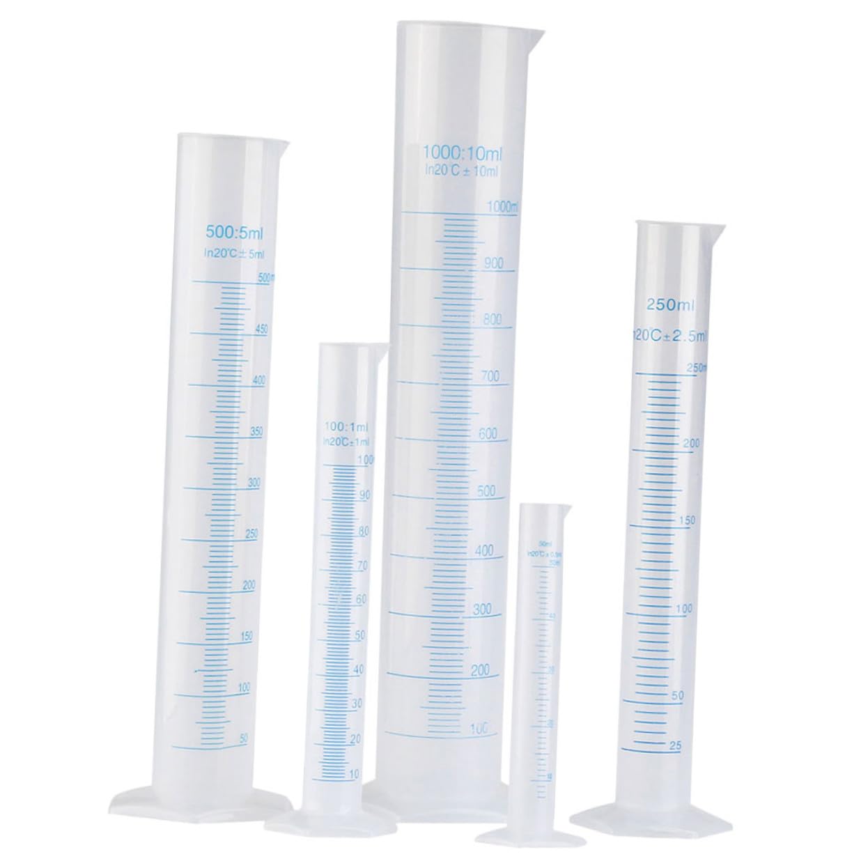Ipetboom Lot de 5 Cylindres Gradués en Plastique Bleu Translucide, 50-1000 Ml, Base Stable, Graduations Précises, pour Laboratoire Scolaire Cuisine, Ustensiles de Mesure Pratiques