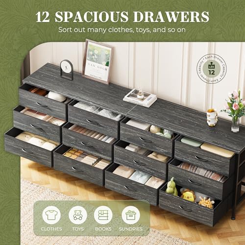 Huuger 70 Inch Dresser for Bedroom, TV Stand for 65, 75, 80 Inch TV,12 Fabric Drawer Long Dresser, Large Storage Organizer Unit, Chest of Drawer for Bedroom, Charcoal Black Wood Grain Print